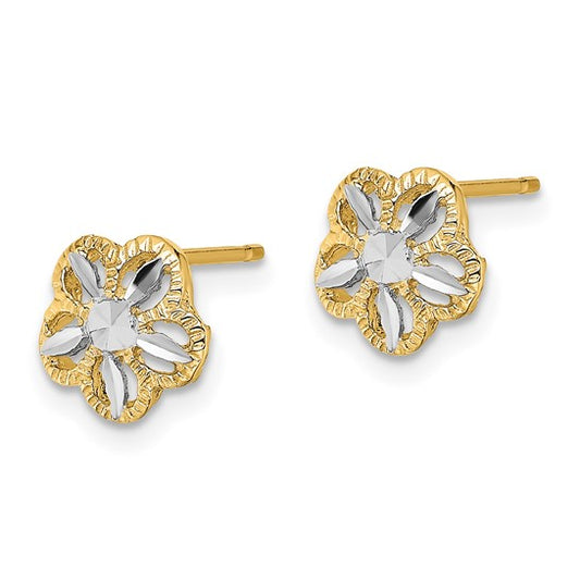 10K with Rhodium Diamond-cut Flower Post Earrings