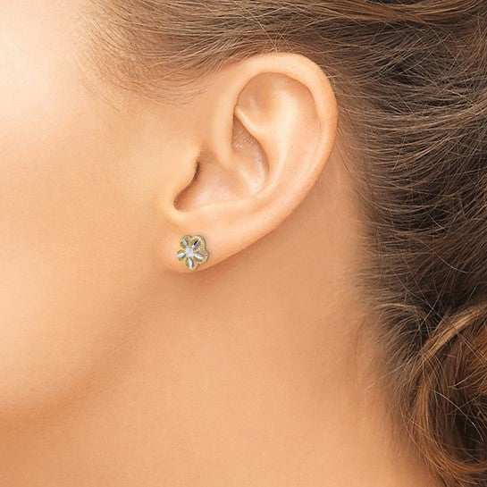 10K with Rhodium Diamond-cut Flower Post Earrings