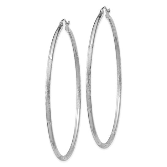 10k White Gold Satin and Diamond-cut 2mm Round Hoop Earrings