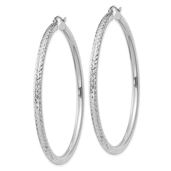 10k White Gold Diamond-cut 3mm Round Hoop Earrings
