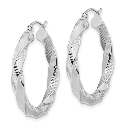 10K White Gold Polished and Textured Twist Hoop Earrings