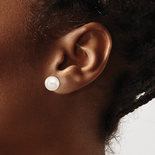 10k 9-10mm White Round Freshwater Cultured Pearl Stud Post Earrings