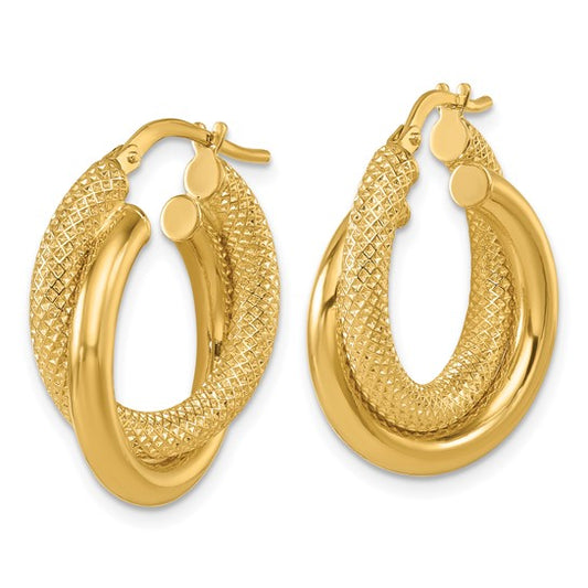 Herco 14K Polished and Textured Twisted Round Hoop Earrings