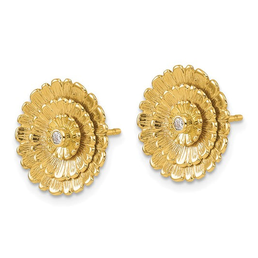 Herco 14K Polished and Textured Diamond Layered Flower Post Earrings