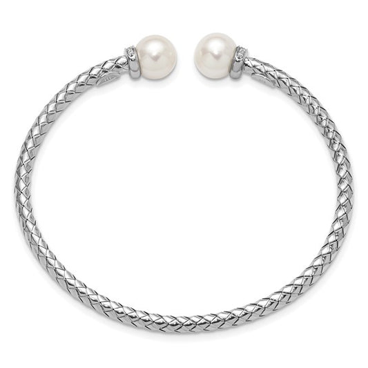 Herco 18K White Gold Polished Diamond/FWC Pearl Woven Cuff Bangle