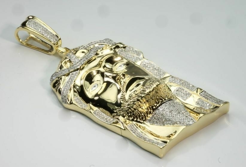 2.50 CARAT 3.5" STERLING SILVER YELLOW GOLD DIAMOND JESUS FACE HEAD CROSS CHARM PENDANT
