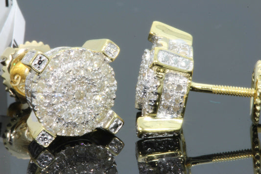 .65 CARAT STERLING SILVER YELLOW GOLD PLATING MENS WOMENS 9 mm 100% REAL DIAMONDS EARRINGS STUDS