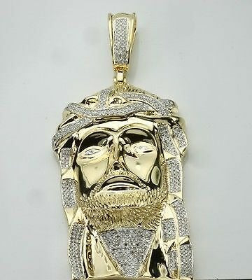 2.50 CARAT 3.5" STERLING SILVER YELLOW GOLD DIAMOND JESUS FACE HEAD CROSS CHARM PENDANT