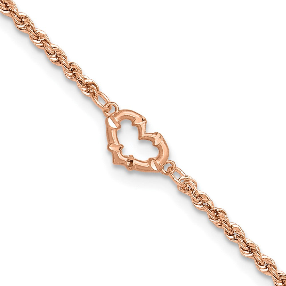 14k Rose Gold Diamod-cut Rope with Heart 9in Anklet