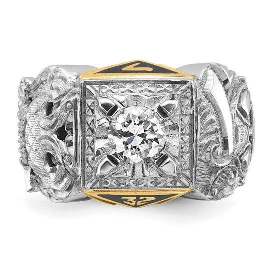 IBGoodman 14k Two-tone Men's Polished and Textured with Black Enamel and Diamond Double Eagle Masonic Shriner's Ring
