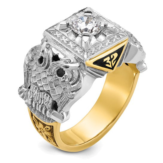 IBGoodman 14k Two-tone Men's Polished and Textured with Black Enamel and Diamond Double Eagle Masonic Shriner's Ring