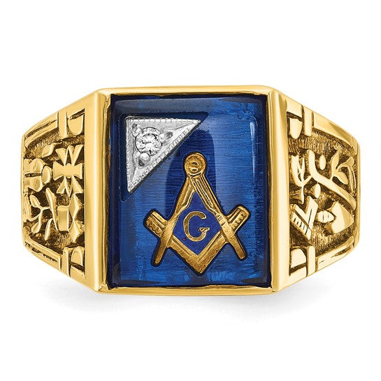IBGoodman 14k Two-tone Men's Polished and Textured with Lab Created Sapphire and Diamond Blue Lodge Master Masonic Ring
