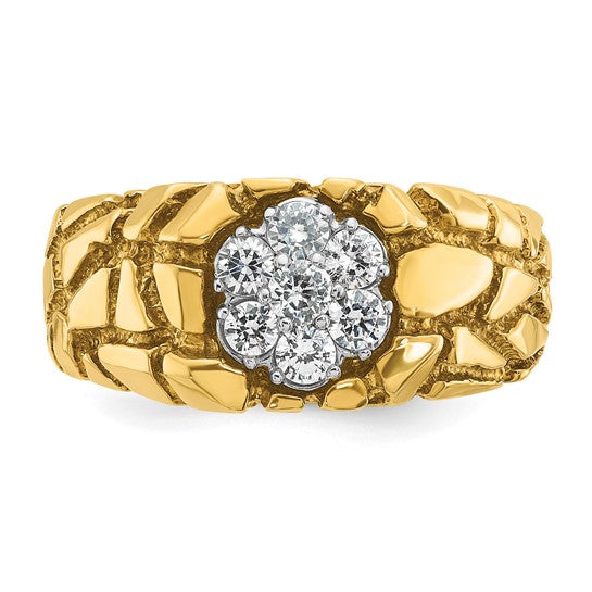 IBGoodman 14k Two-tone Men's Polished and Nugget Textured Round 1/2 Carat Lab Grown Diamond Cluster Ring