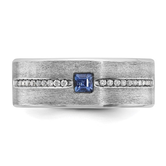 14k White Gold IBGoodman Men's Satin Lab Created Sapphire and 1/8 carat Diamond Complete Ring