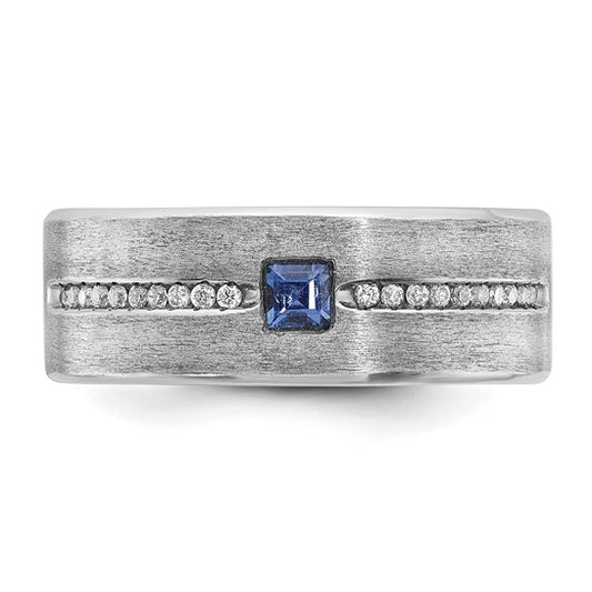 14k White Gold IBGoodman Men's Satin Lab Created Sapphire and 1/8 carat Diamond Complete Ring