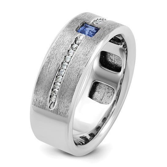 14k White Gold IBGoodman Men's Satin Lab Created Sapphire and 1/8 carat Diamond Complete Ring