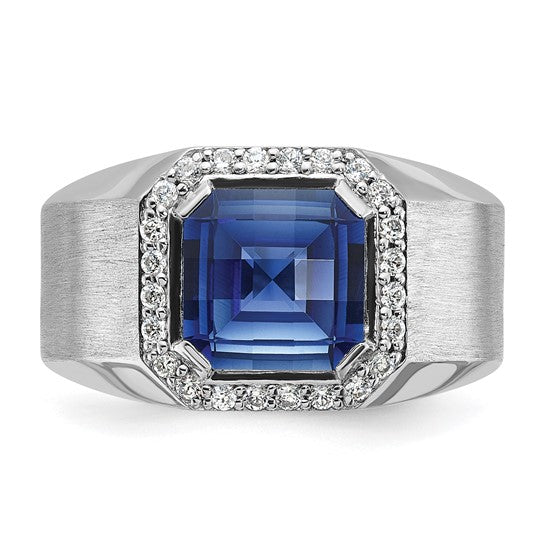 14k White Gold IBGoodman Men's Created Sapphire and 1/3 carat Diamond Complete Ring