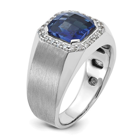 14k White Gold IBGoodman Men's Created Sapphire and 1/3 carat Diamond Complete Ring
