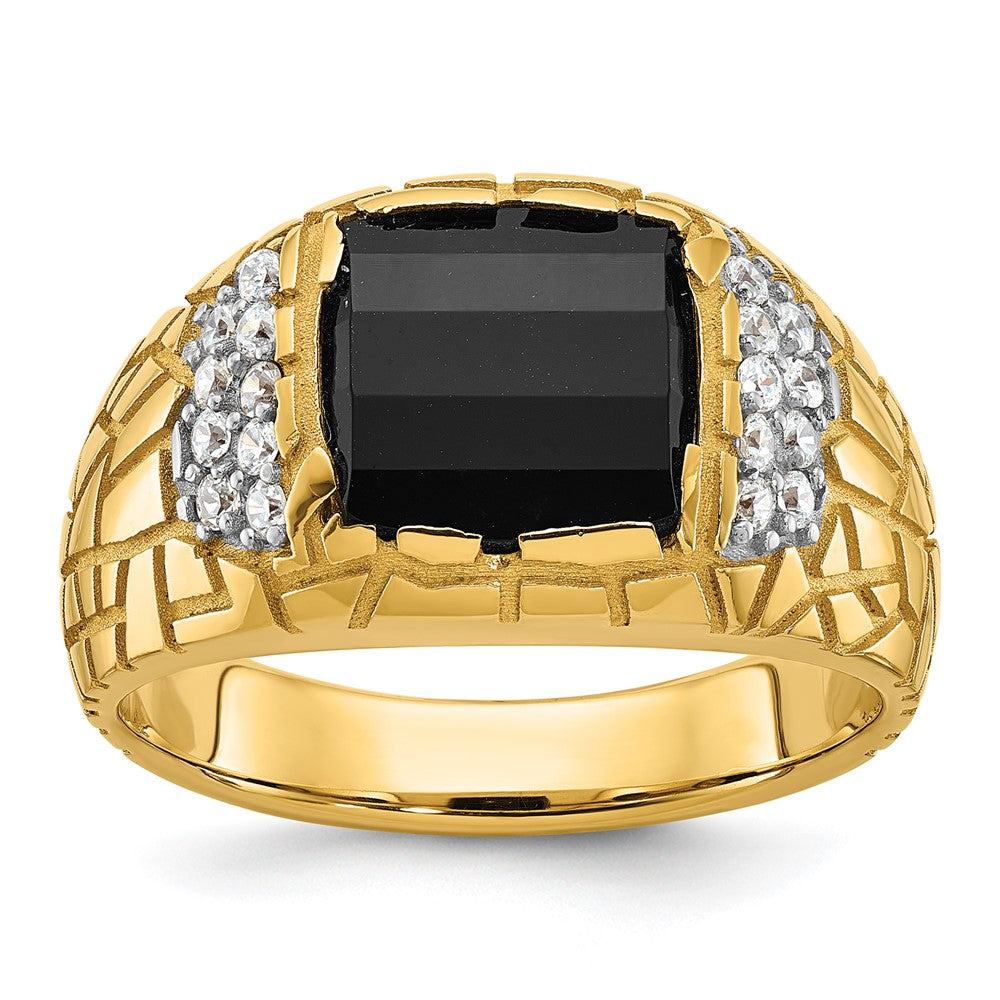 14k IBGoodman Men's Polished Nugget Texture Onyx & Diamond Ring