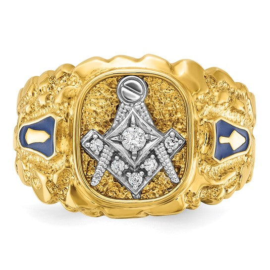IBGoodman 14k Two-tone Men's Polished and Nugget Textured Diamond Blue Lodge Master Masonic Ring