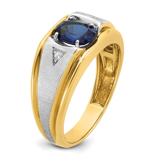 IBGoodman 14k Two-tone Men's Polished Satin and Grooved Lab Created Sapphire and AA Quality Diamond Ring