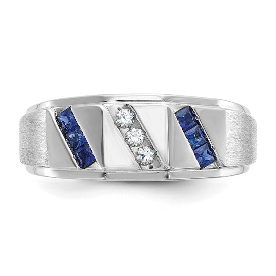 14k White Gold IBGoodman Men's Satin Lab Created Sapphire and 1/10 carat Diamond Complete Ring