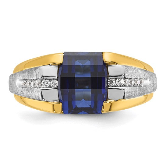 14k Two-tone IBGoodman Men's Created Sapphire and 1/8 carat Diamond Complete Ring