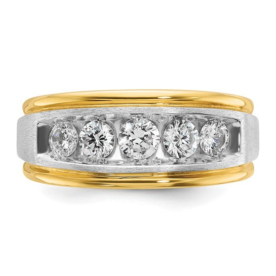 IBGoodman 14k Two-tone Men's Polished Satin and Grooved 5-Stone 1 Carat AA Quality Diamond Ring