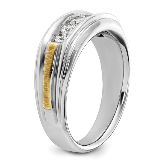 IBGoodman 14k Two-tone Men's Polished Satin and Grooved 5-Stone 1/2 Carat AA Quality Diamond Ring