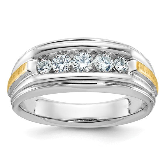 IBGoodman 14k Two-tone Men's Polished Satin and Grooved 5-Stone 1/2 Carat AA Quality Diamond Ring