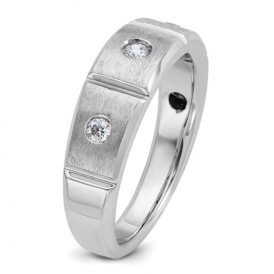 IBGoodman 14k White Gold Men's Polished Satin and Grooved 3-Stone 1/5 Carat AA Quality Diamond Ring