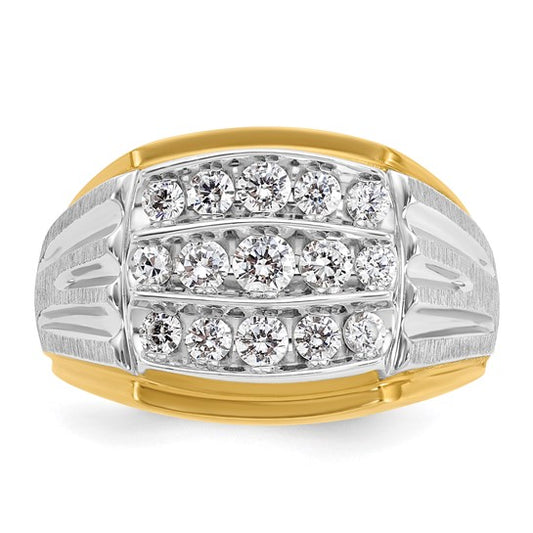IBGoodman 14k Two-tone Men's Polished Satin and Grooved 3-Row 1 Carat AA Quality Diamond Ring