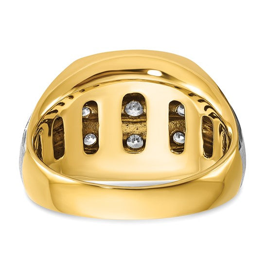 IBGoodman 14k Two-tone Men's Polished Satin and Grooved 3-Row 1 Carat AA Quality Diamond Ring