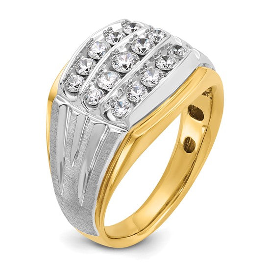 IBGoodman 14k Two-tone Men's Polished Satin and Grooved 3-Row 1 Carat AA Quality Diamond Ring