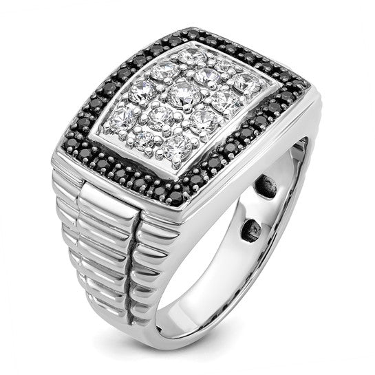 IBGoodman 14k White Gold Men's Polished and Textured 1 Carat Black Mined Diamonds and White Lab Grown Diamonds Cluster Ring