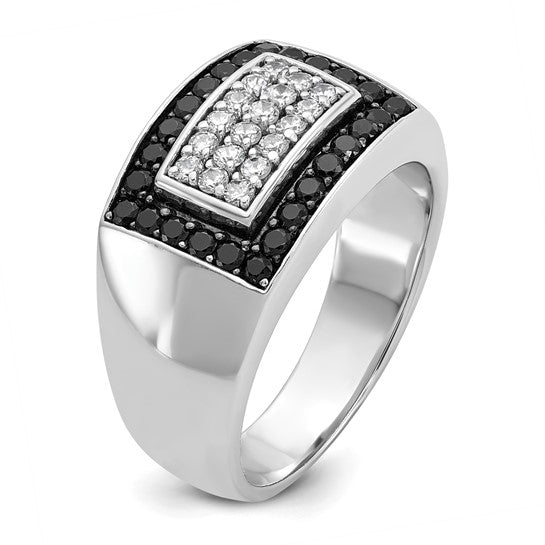 IBGoodman 14k White Gold Men's Polished 1 Carat Black and White Diamond Rectangular Cluster Ring