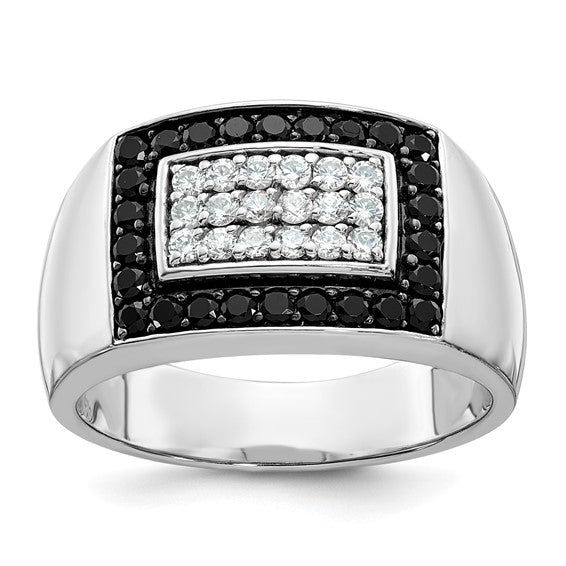 IBGoodman 14k White Gold Men's Polished 1 Carat Black and White Diamond Rectangular Cluster Ring