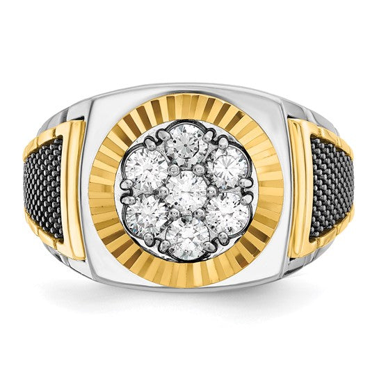 IBGoodman 14k Two-tone with Black Rhodium Men's Polished Textured and Diamond-cut 1 Carat AA Quality Diamond Round Cluster Ring
