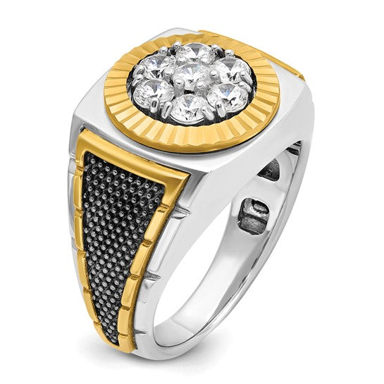 IBGoodman 14k Two-tone with Black Rhodium Men's Polished Textured and Diamond-cut 1 Carat AA Quality Diamond Round Cluster Ring
