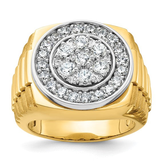 IBGoodman 14k Two-tone Men's Polished Satin and Ribbed 2 Carat Lab Grown Diamond Round Cluster Ring