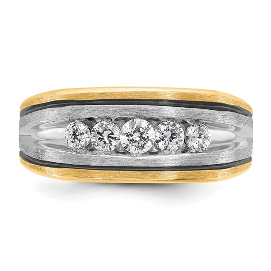 IBGoodman 10k Two-tone with Black Rhodium Men's Polished Satin and Grooved 5-Stone 1/2 Carat A Quality Diamond Ring