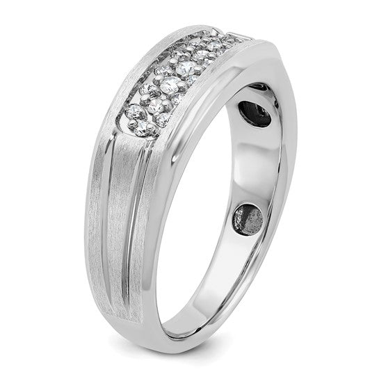 14k White Gold IBGoodman Men's Polished Satin and Grooved 1/4 Carat AA Quality Diamond Ring