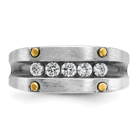 IBGoodman 14k Two-tone with Black Rhodium Men's Polished Satin and Grooved 5-Stone 1/2 Carat Lab Grown Diamond Ring