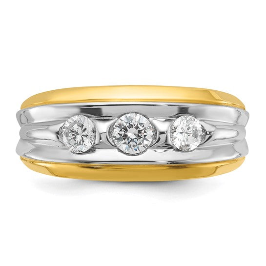 IBGoodman 14k Two-tone Men's Polished and Grooved 3-Stone 3/4 Carat AA Quality Diamond Ring