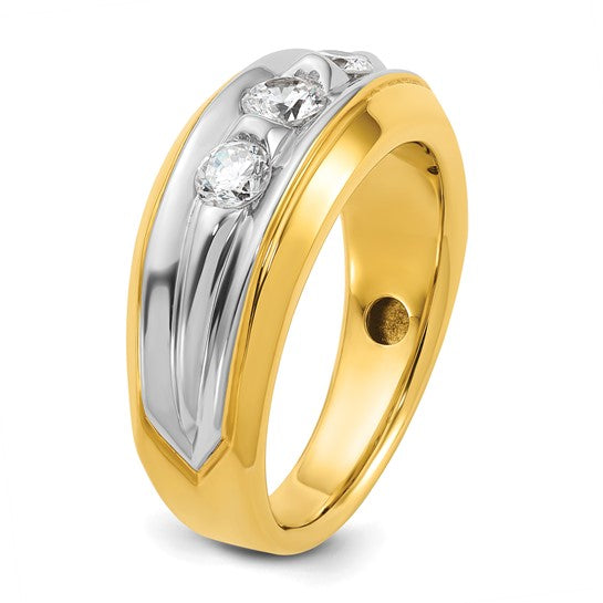 IBGoodman 14k Two-tone Men's Polished and Grooved 3-Stone 3/4 Carat AA Quality Diamond Ring