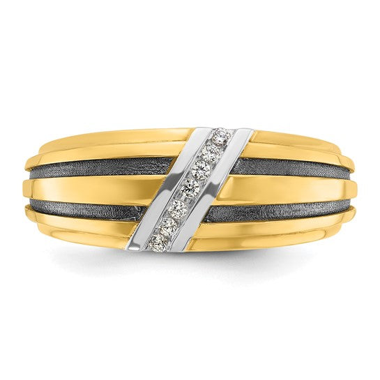 IBGoodman 14k with Black and White Rhodium Men's Polished Satin and Grooved 1/20 Carat AA Quality Diamond Ring