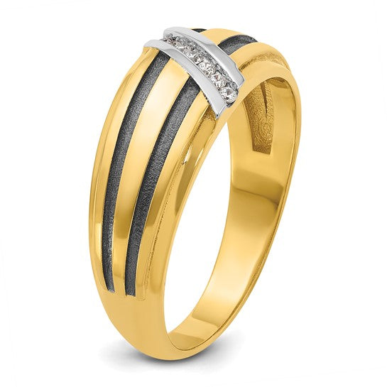 IBGoodman 14k with Black and White Rhodium Men's Polished Satin and Grooved 1/20 Carat AA Quality Diamond Ring