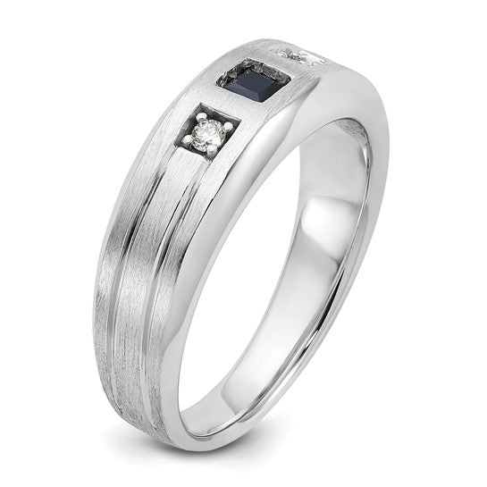 14k White Gold IBGoodman Men's Satin Lab Created Sapphire and 1/15 carat Diamond Complete Ring