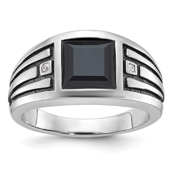 14k White Gold with Black Rhodium IBGoodman Men's Onyx and Diamond Complete Ring
