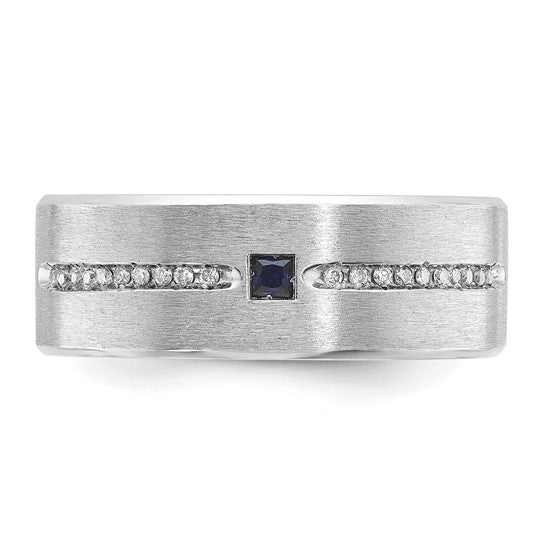14k White Gold IBGoodman Men's Satin Lab Created Sapphire and 1/8 carat Diamond Complete Ring